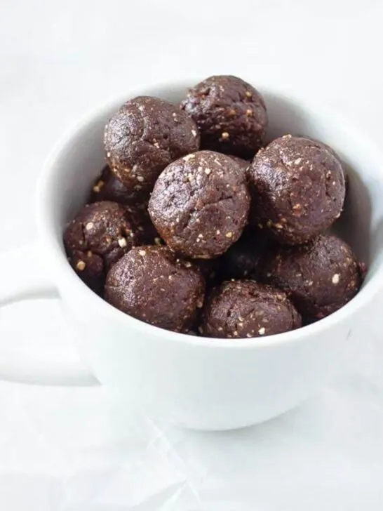 Bowl of brownie energy balls.