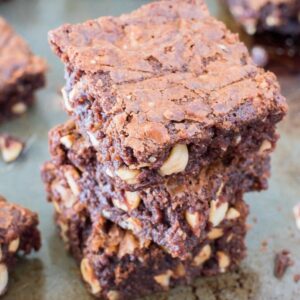 Brownies made with Nutella and hazelnut pieces.