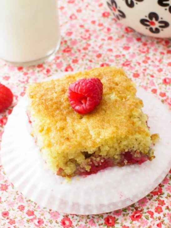 Slice of raspberry buttermilk cake.