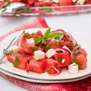 Plate of watermelon and feta cheese salad.