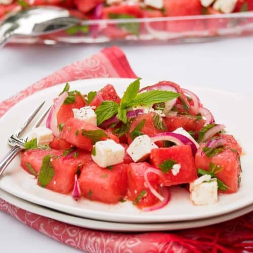 Plate of watermelon and feta cheese salad.