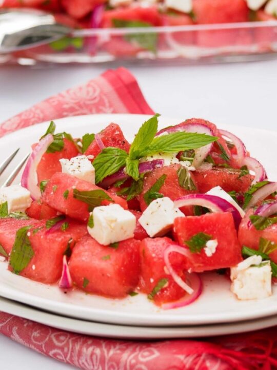 Plate of watermelon and feta cheese salad.