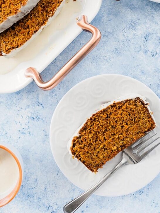 Slice of carrot bread on small dish.