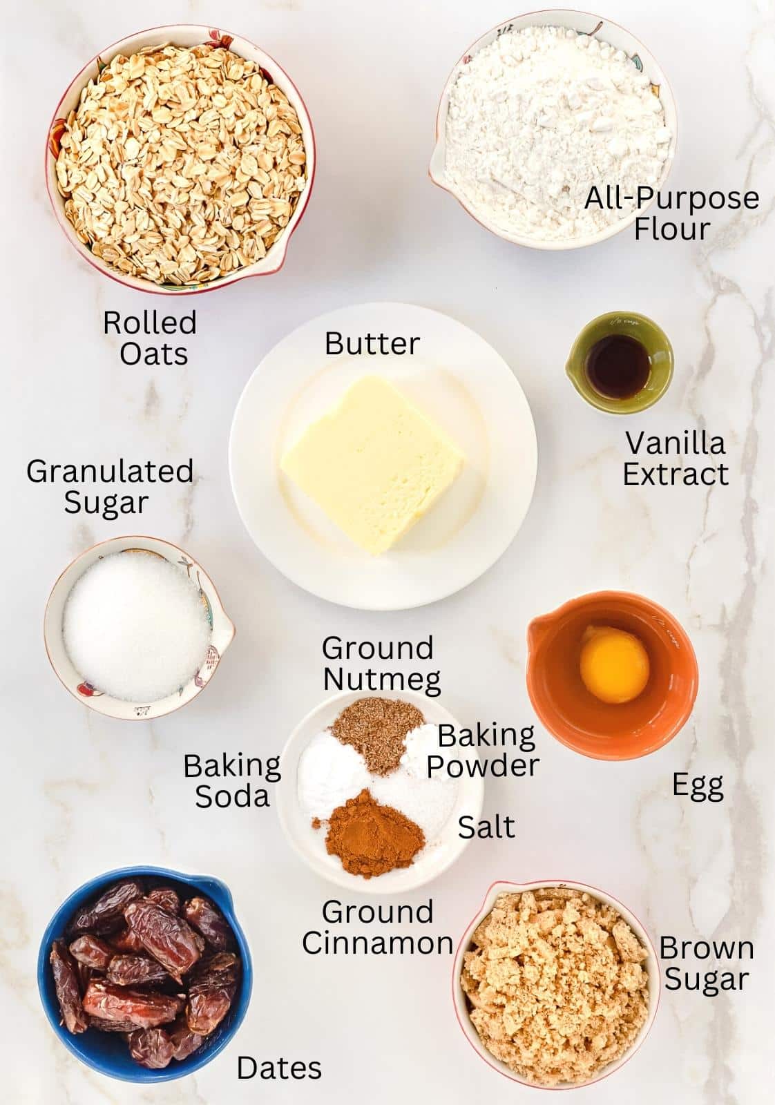 Image of ingredients needed to make, thick, soft and chewy Oatmeal Date Cookies.