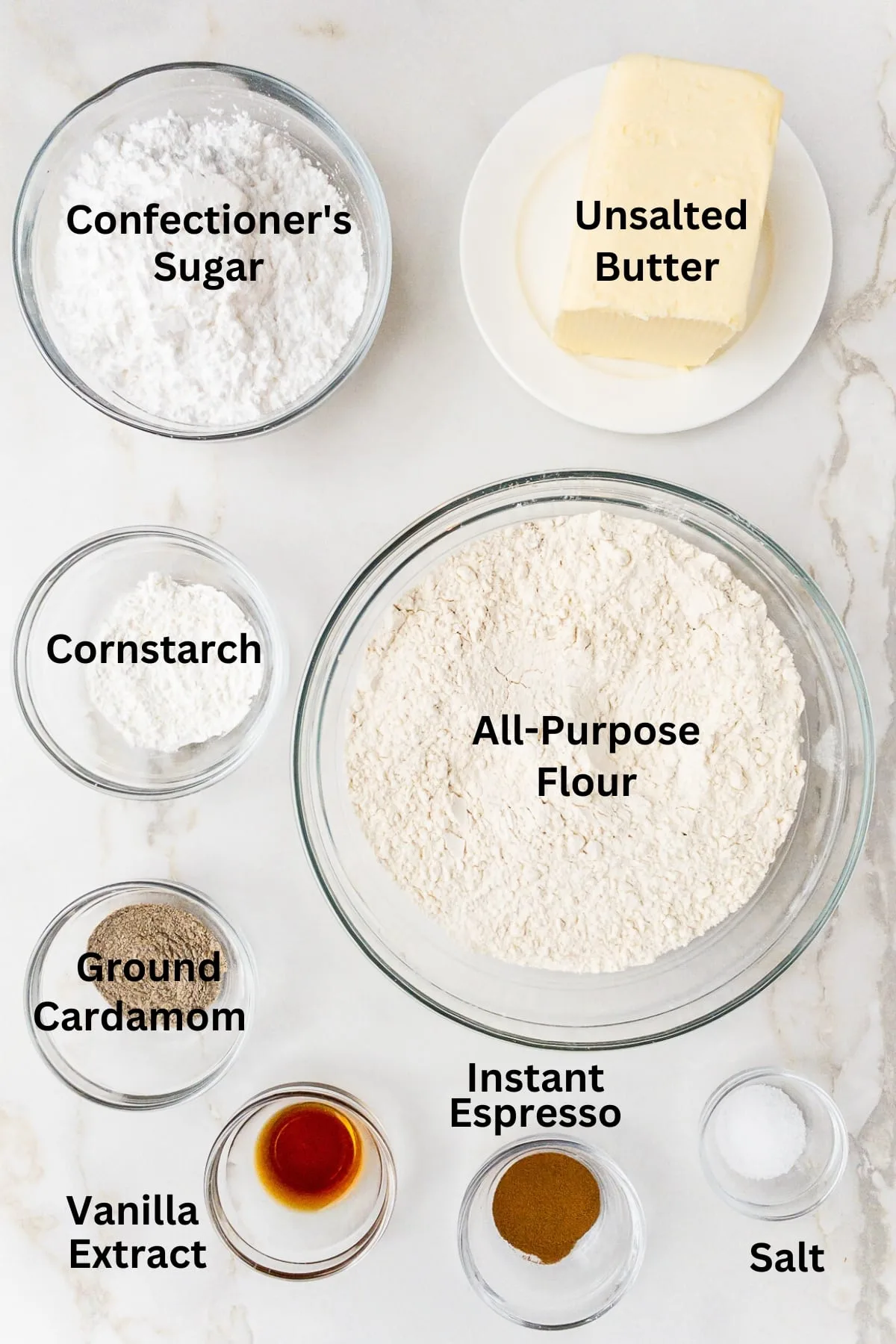 Ingredients needed to make cardamom shortbread cookies.