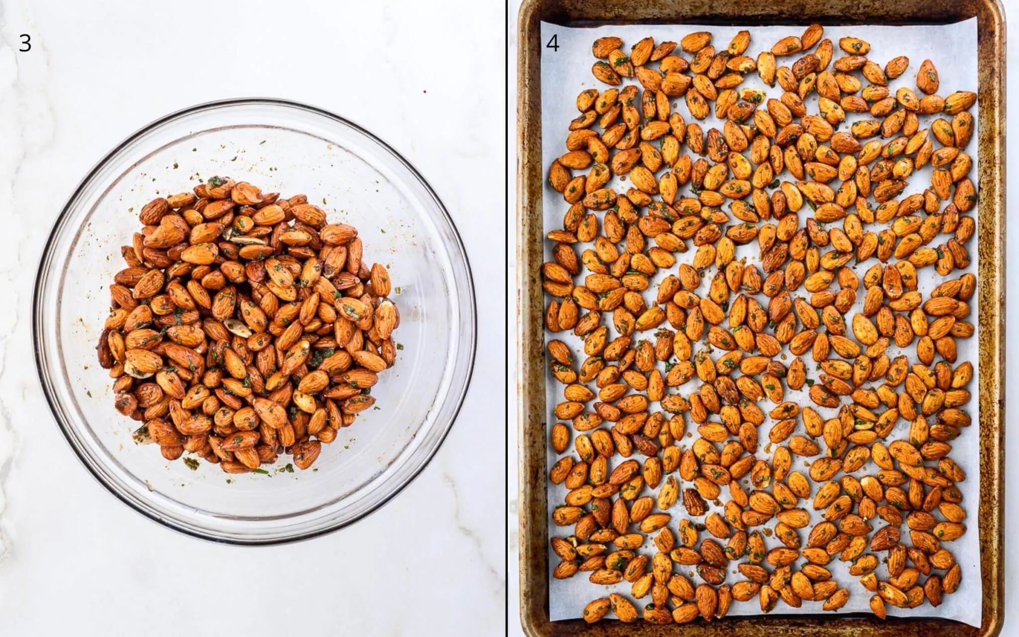 Step-by-step images for making rosemary spiced almonds.