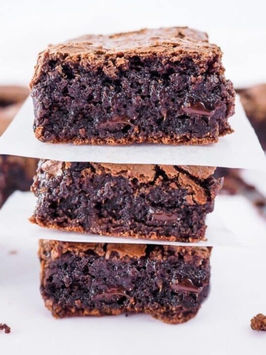 Three brownies stacked on top of each other.