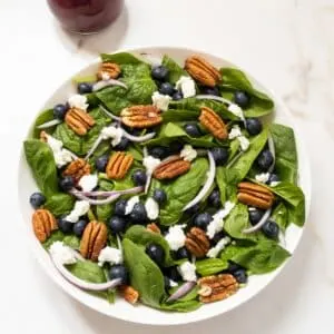 Bowl of blueberry spinach salad topped with pecans, goat cheese and red onion.