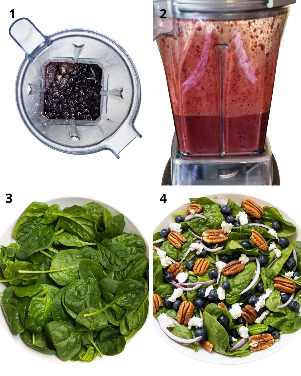 Step by step instructions to make blueberry spinach salad and blueberry balsamic dressing.