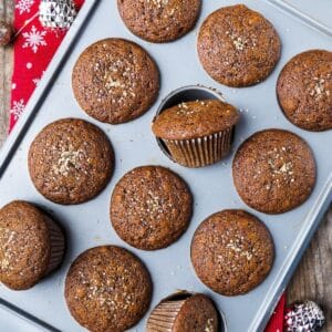 Top view of a pan of freshly baked gingerbread muffins.