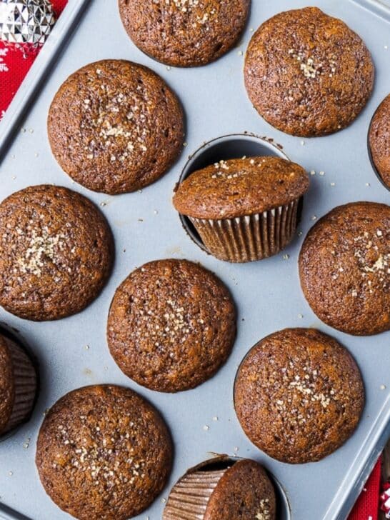 Top view of a pan of freshly baked gingerbread muffins.