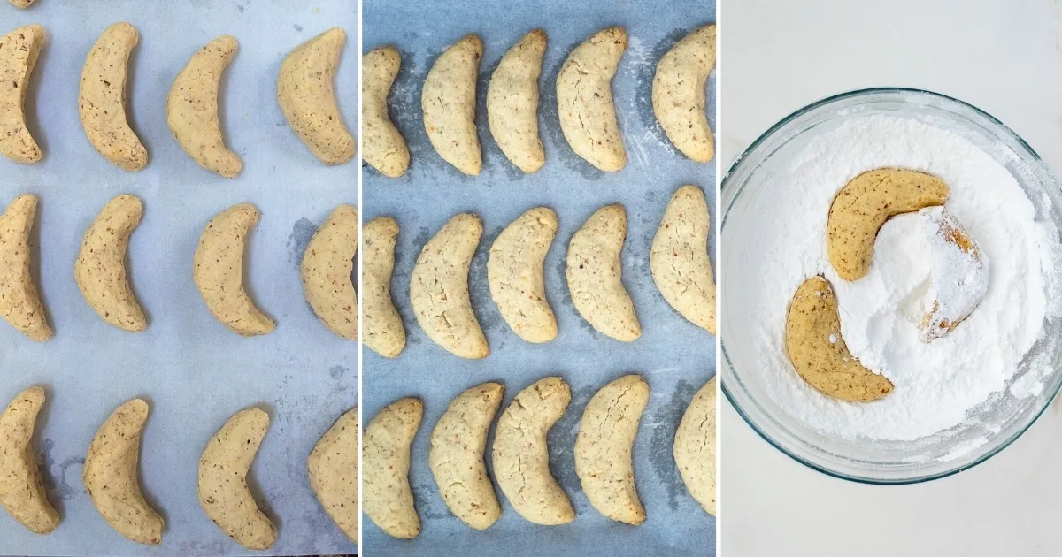 Step-by-step images of how to make crescent cookies.