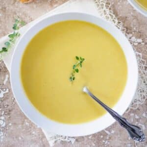 Bowl of creamy potato leek soup.