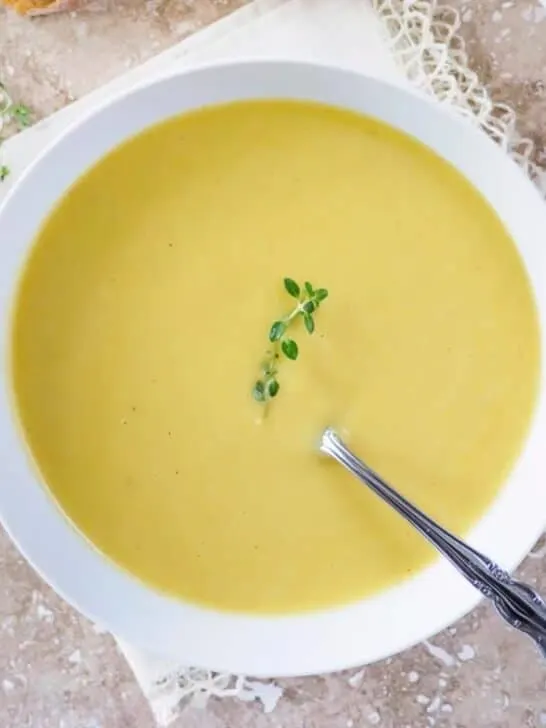 Bowl of creamy potato leek soup.