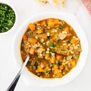 Bowl of beef barley soup.