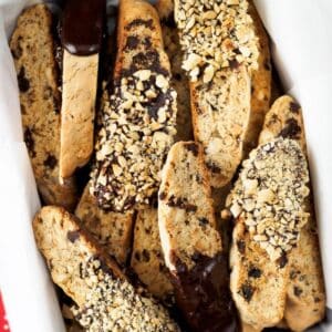 Box of hazelnut chocolate biscotti.