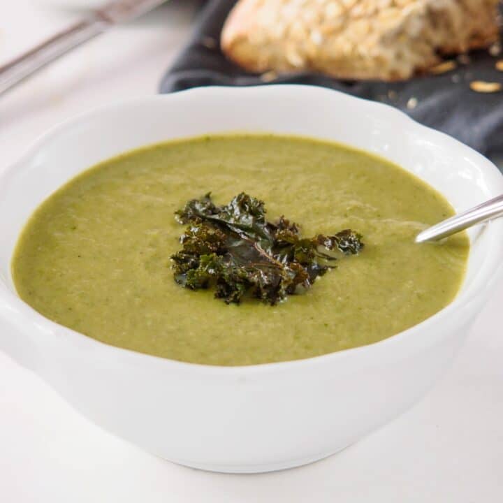 Bowl of cauliflower, kale and leek soup.
