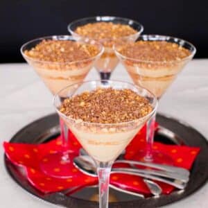 Espresso flavored mascarpone parfaits on serving tray.