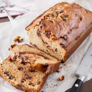 Sliced peanut butter and chocolate chip loaf.