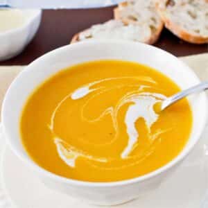 Bowl of roasted butternut squash and pear soup.