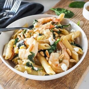 Bowl of shrimp, spinach and goat cheese penne.