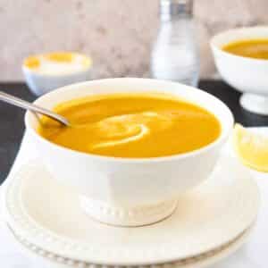 Bowl of sweet potato red lentil soup.
