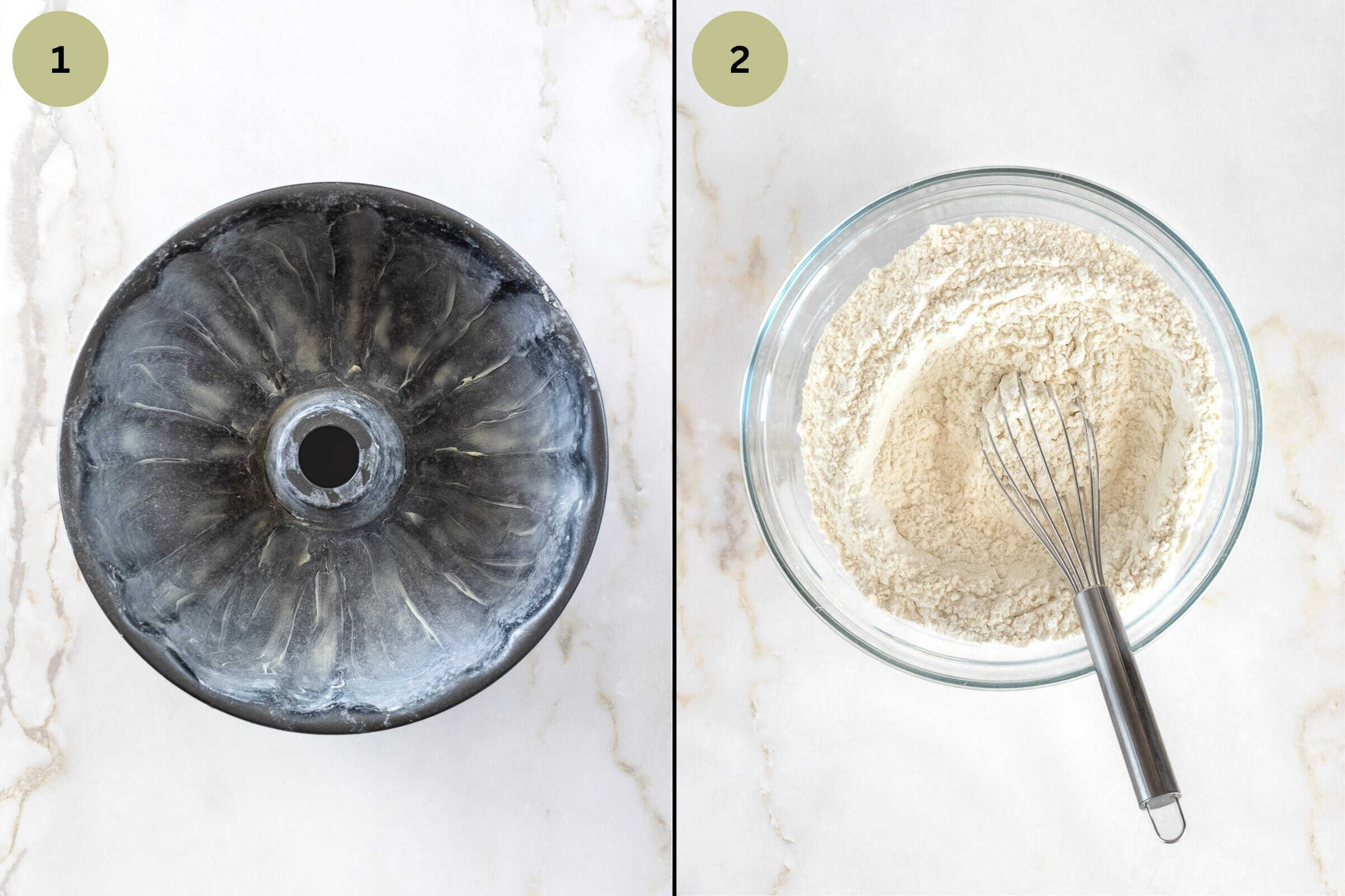 Greased and floured bundt pan in one image and second image contains a bowl with dry ingredients and whisk.