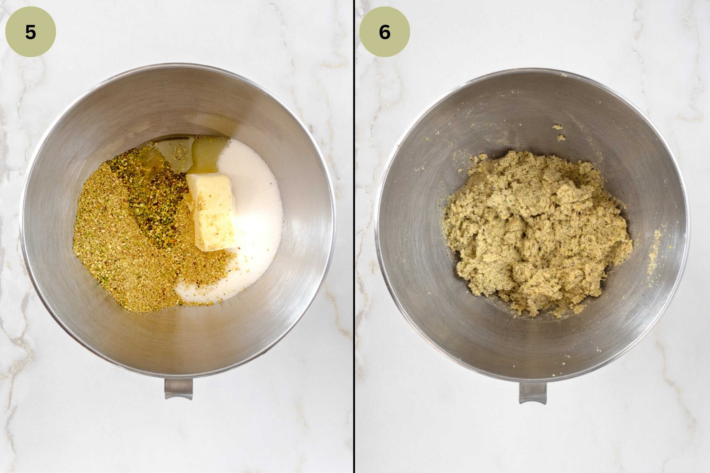 Bowl of stand mixer bowl containing some of ingredients to make Pistachio bundt cake and second image is one of the blended ingredients.