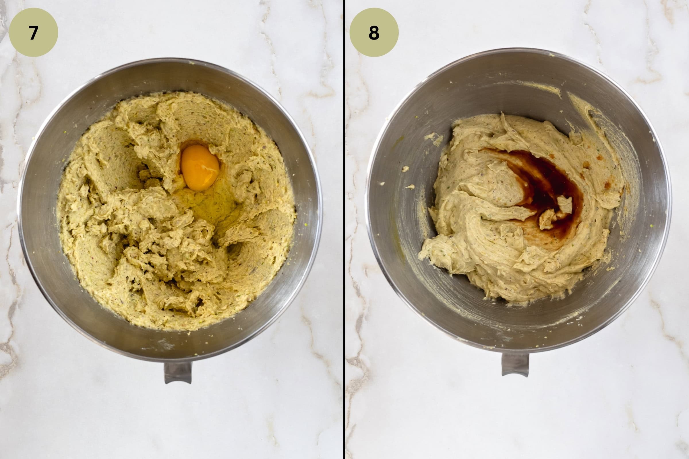 Bowl of mixer with blended cake ingredients, with an added egg and vanilla and almond extracts.