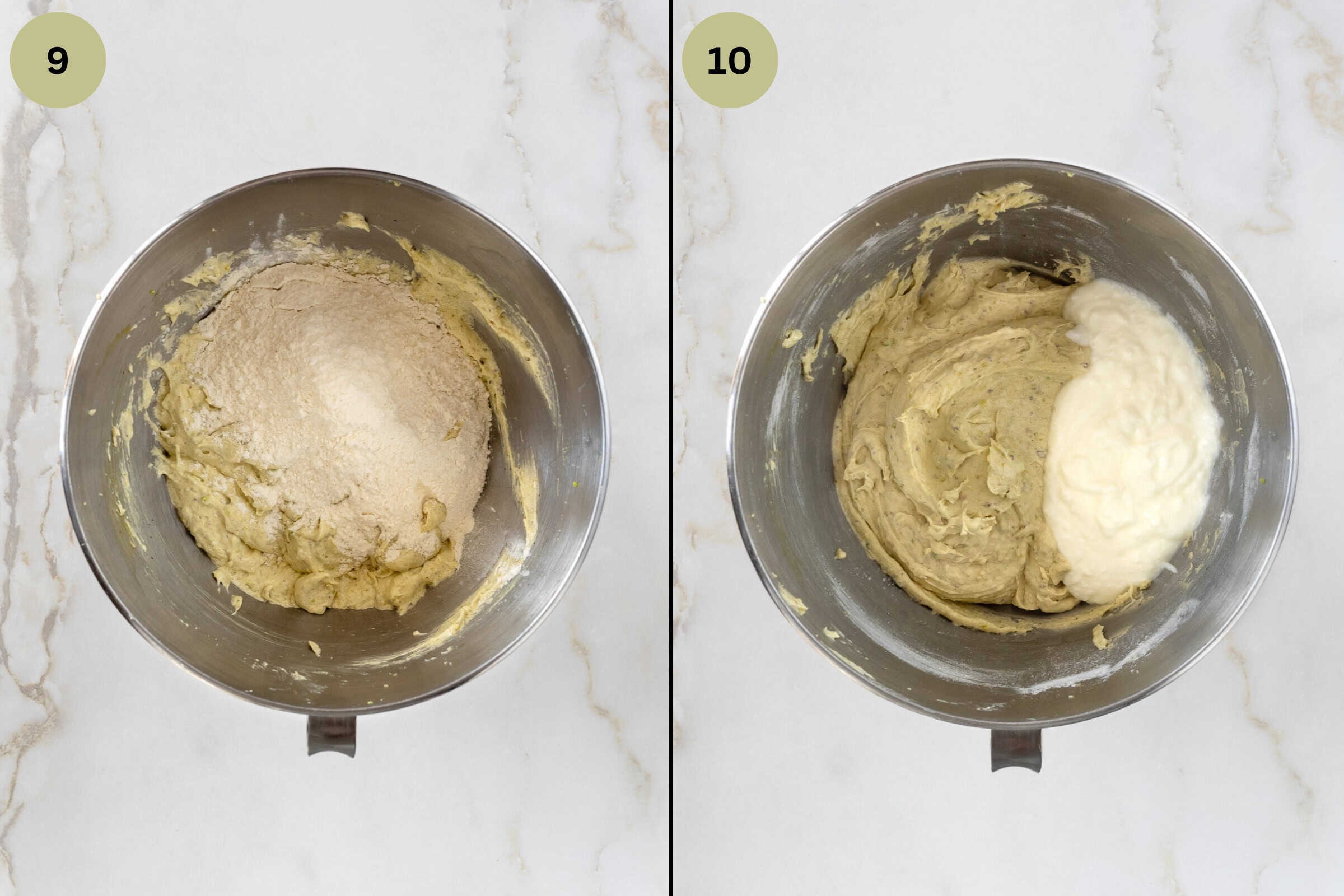 Mixer bowl with batter and flour and a second image with batter and yogurt.
