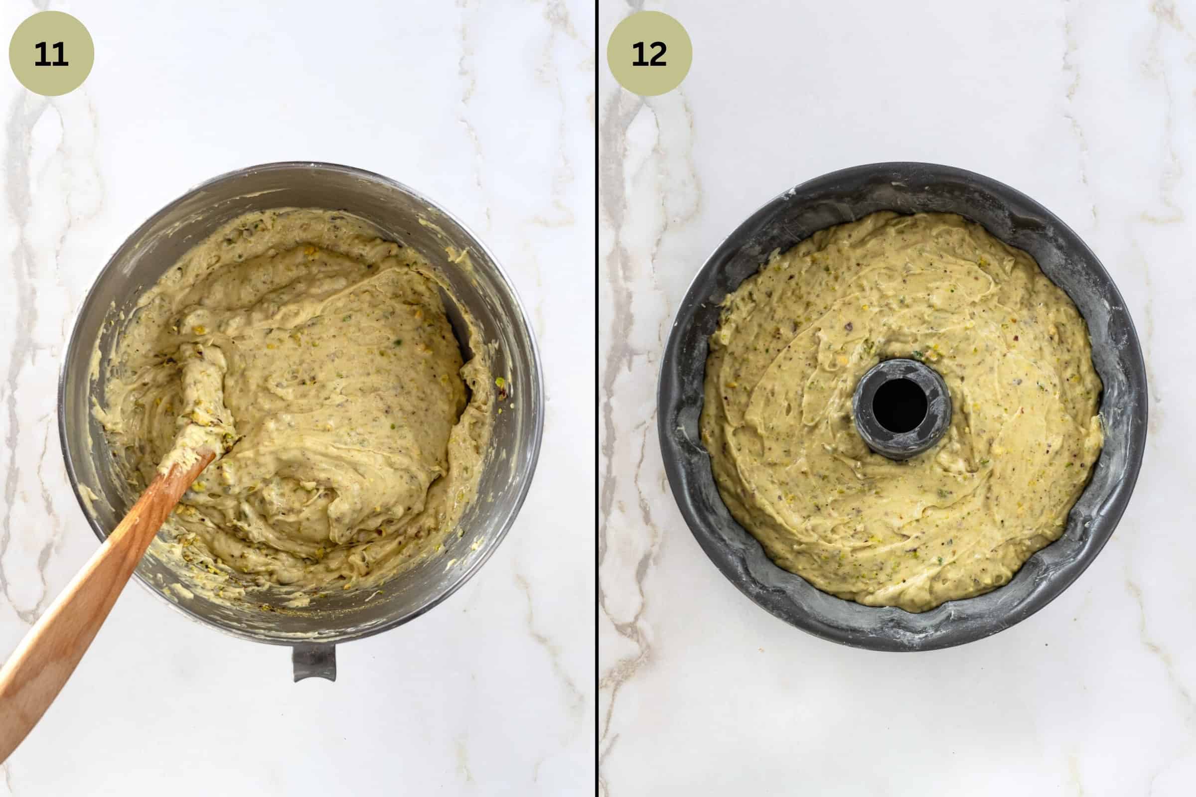 First image of a bowl with mixed pistachio cake batter. Second, with cake batter in bundt pan.