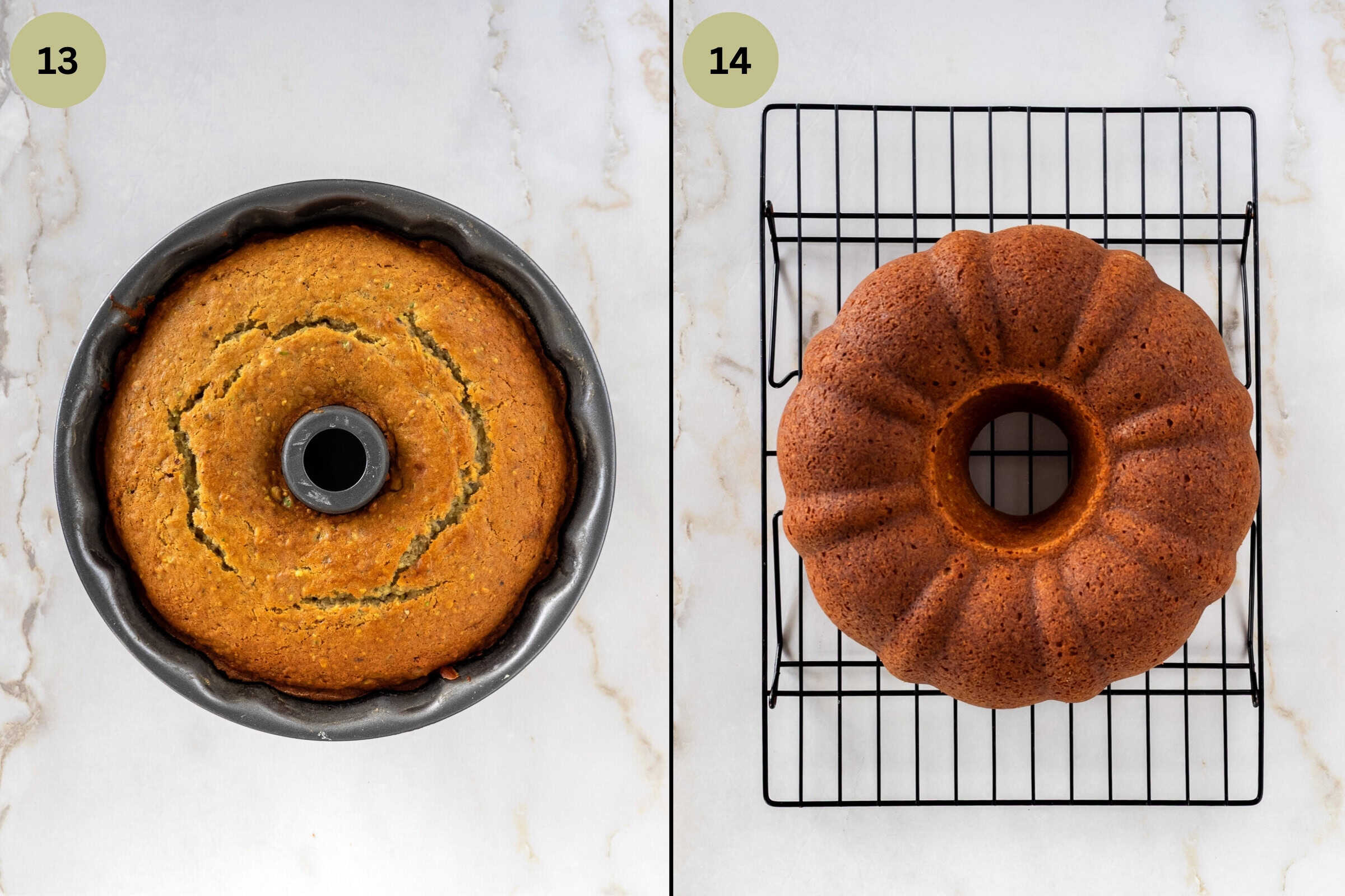 Baked cake in bundt pan and second image with cake turned onto wire rack.
