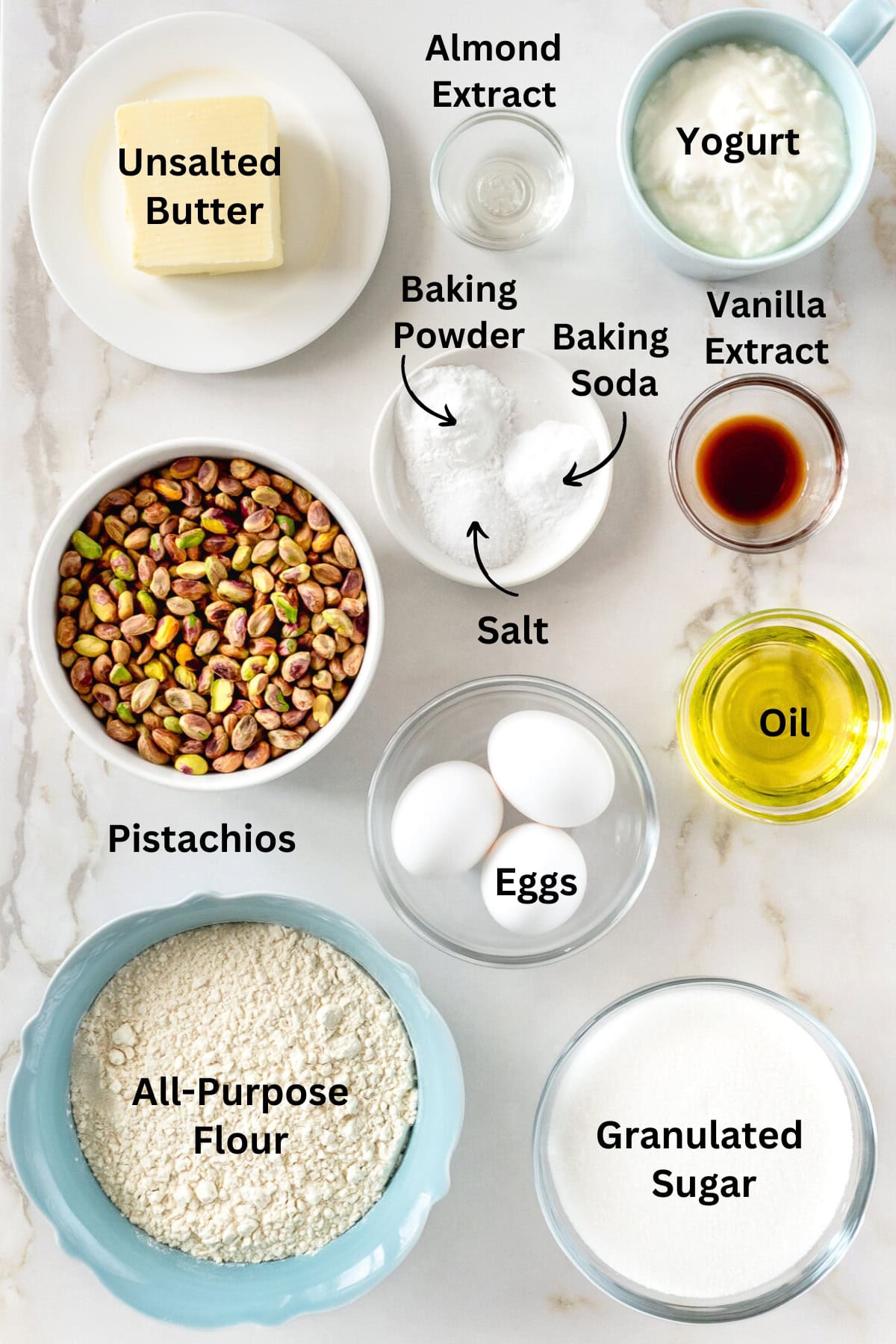 Ingredients needed to make a pistachio bundt cake.