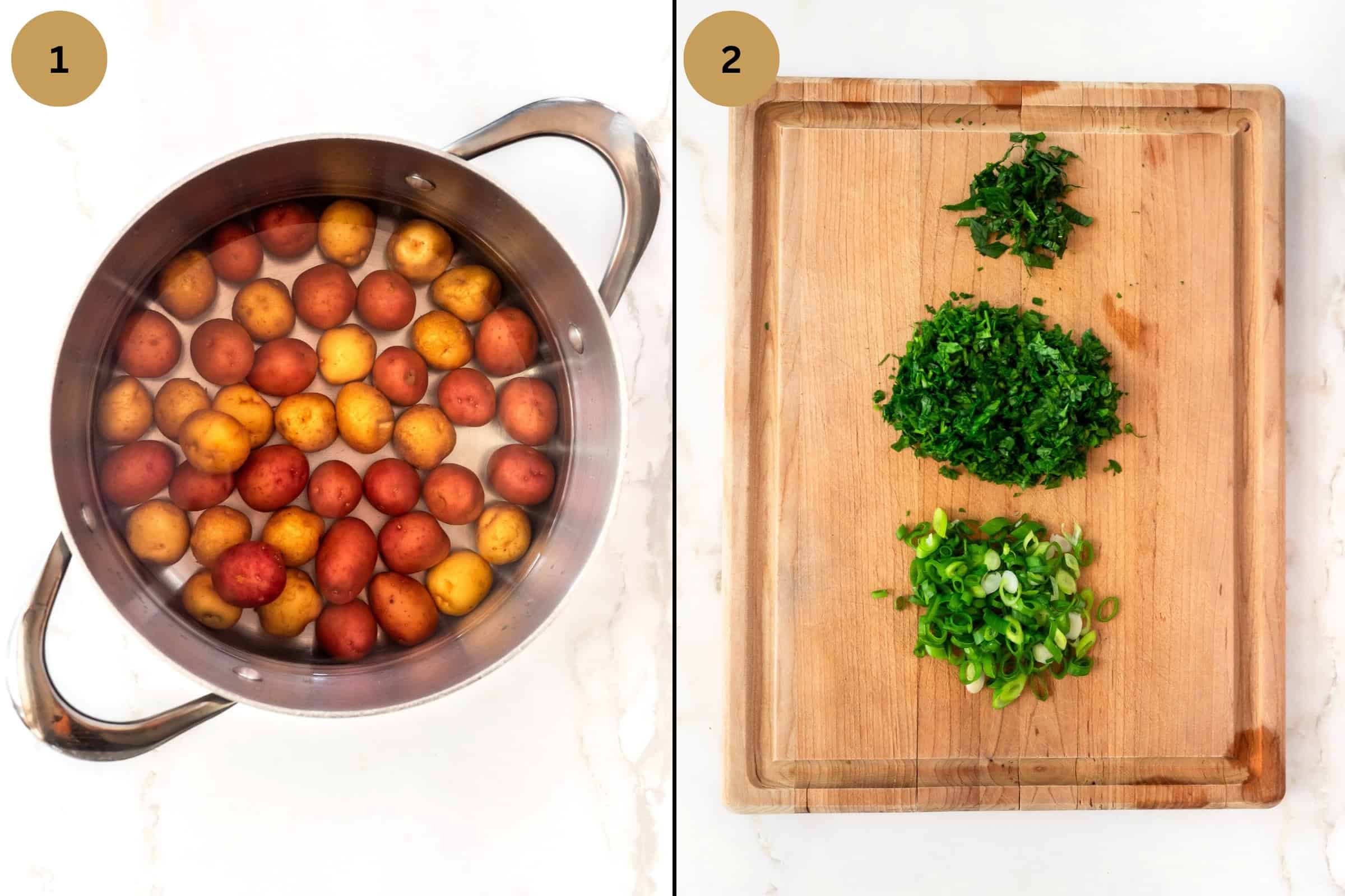 Two images showing how to cook potatoes and chop herbs for a salad.