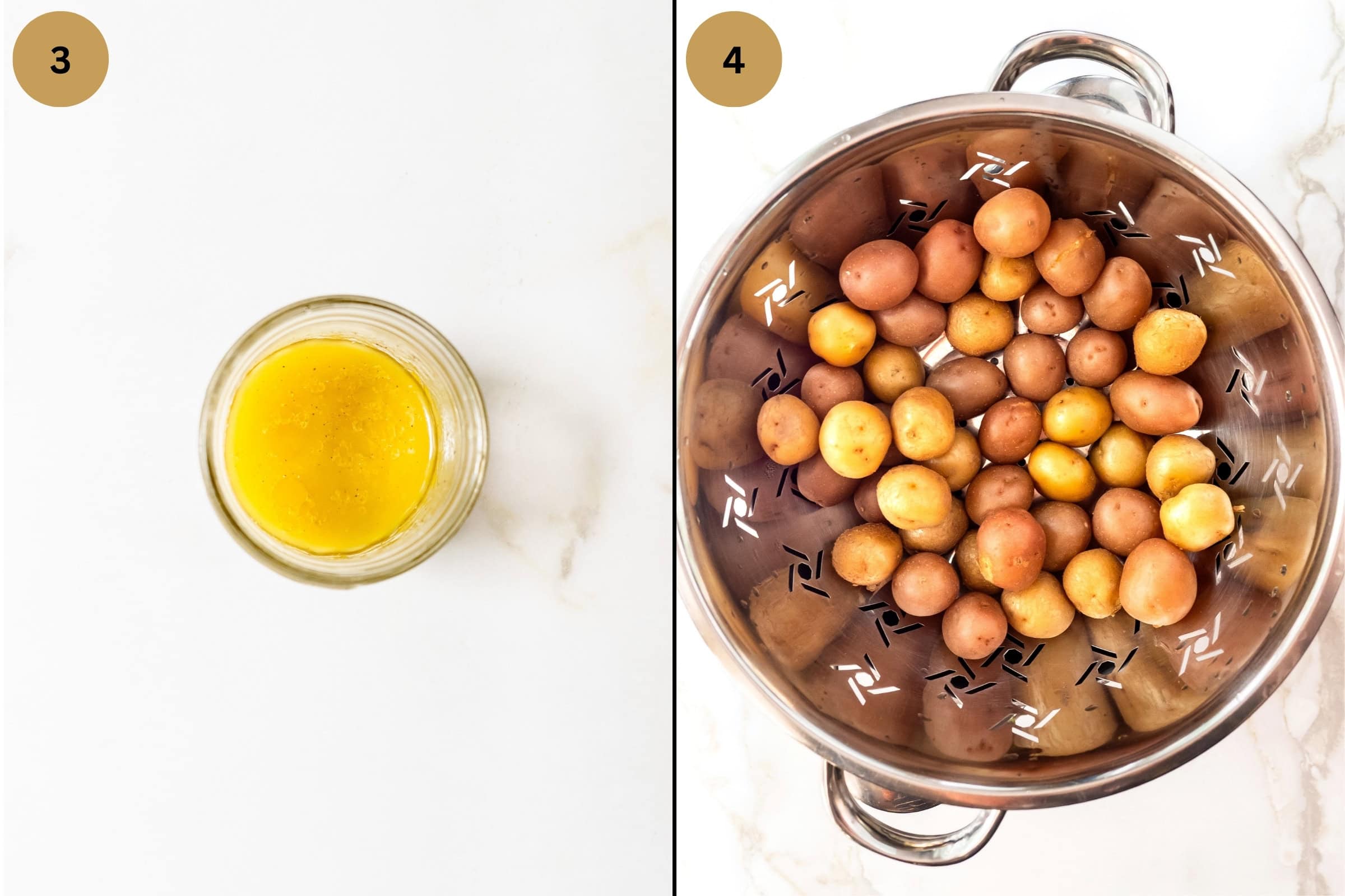 Two images, one showing salad dressing in a mason jar, the other, potatoes in a colander.