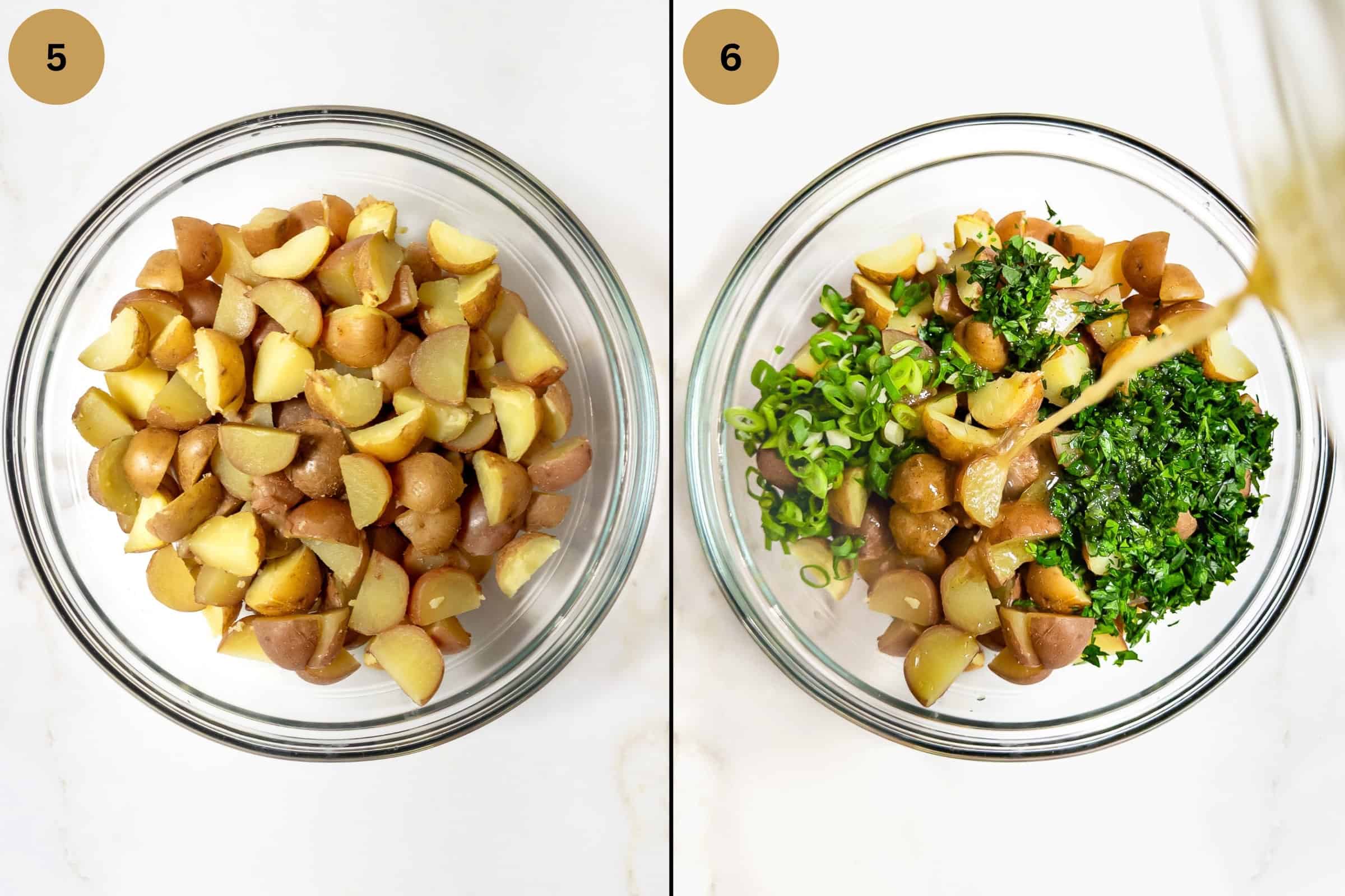 Two images showing how to make potato salad.
