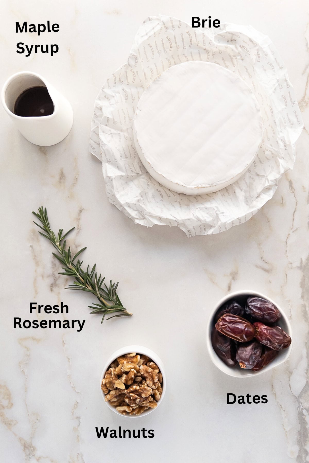 Ingredients needed for Baked Brie recipe.